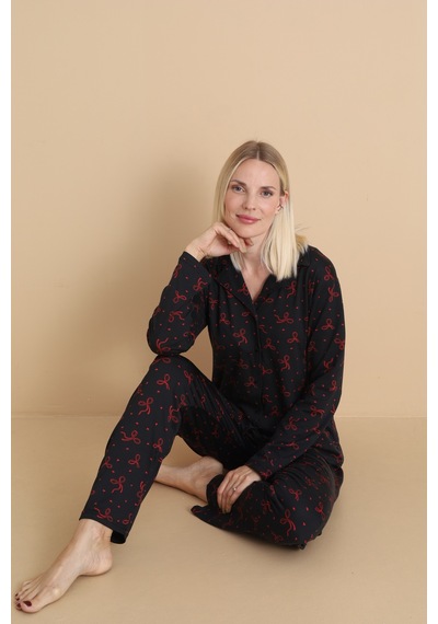 Wordex Mirano 9807 Şardonlu Soft Kışlık Düğmeli Kadın Pijama Takımı Siyah