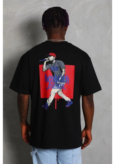 Barlashive Erkek Baskılı Tişört Kısa Kol Bisiklet Yaka Oversize T-shirt - - Siyah Çok Renkli