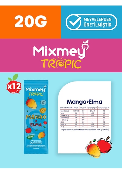 Mixmey Mango Meyve Barı 12 Adet | Atıştırmalıklar – Vegan, Glutensiz, Koruyucusuz (20GR X 12 ADET)