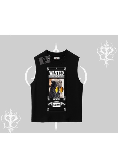 Tarzsokak Wanted Temalı Kedi Baskılı Kolsuz Tshirt Siyah