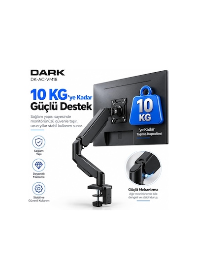 Vm18 1 Adet Monitör Takılabilen 13"-32" Uyumlu Amortisörlü, Masa Monte Monitör Kolu Dk-ac-vm18
