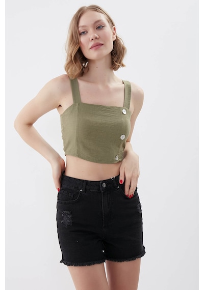 Vitrin Sedef Düğmeli Sırtı Gipeli Crop Bluz Haki
