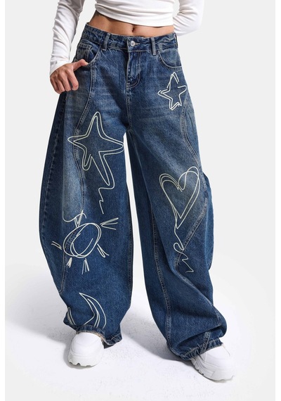 Kadın 2w6-5 Baggy Balloon Nakış Özel Tasarım Denim Jean Mavi