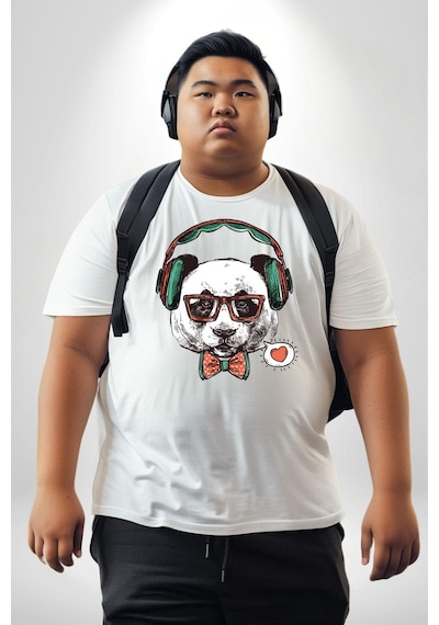 Angemiel Kulaklıklı Hipster Portre Panda Beyaz Büyük Beden Kadın Erkek Ünisex Basic Ön Baskılı Tişört Beyaz