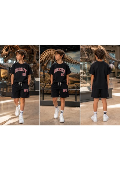 Erkek Çocuk Slogan Yazı Nakışlı T-shirt - Şort Alt Üst Takım Siyah