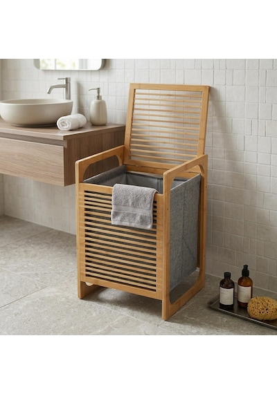 Deconox Doğal Bambu Çamaşır Sepeti 40x35x60 Cm - İçi Bezli, Kapaklı Ve Hasır Kulplu Ahşap Kirli Sepeti Diğer
