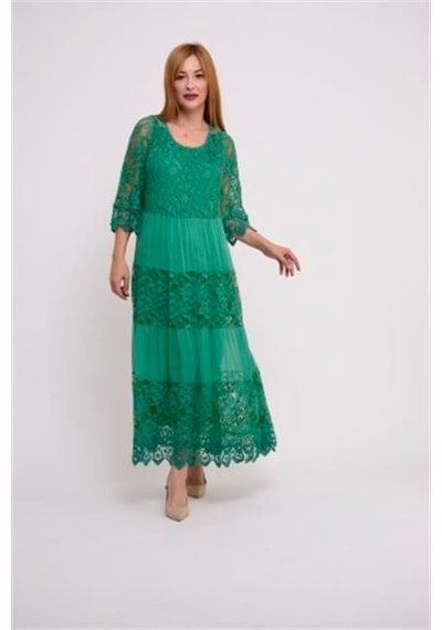 Eren Style İtalyan Sunshine İpek Detaylı Dantelli Elbise-9033 Yeşil
