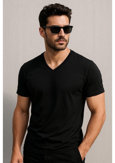 Rich Erkek V Yaka %100 Pamuk Kısa Kollu Siyah T-shirt Tişört SIYAH