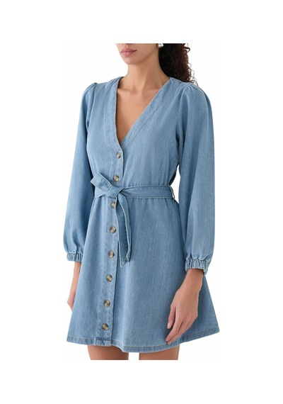Nobody S Child Denim Nolan Mini Elbise, Uzun Kollu, Kuşaklı, %100 Pamuk Günlük Şıklık Mavi