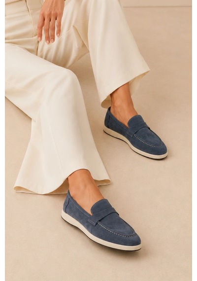 Sovenso Suede Hakiki Deri Mavi Süet Loafer