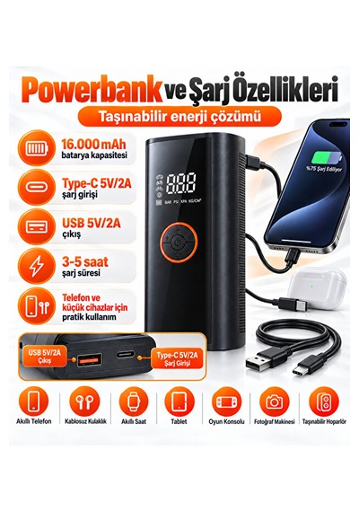 Akü Takviye Cihazı 12v Dijital Hava Kompresörü 16000 Mah Powerbank Otomatik Durdurma Led Sos Çok Amaçlı Şişirme Pompası