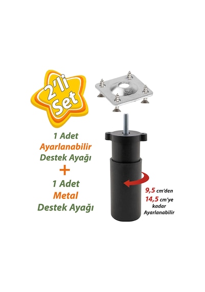 Destek Ayağı 9,5-14,5 Cm Siyah Ve Metal Düz Ayak Tabanı M8 Civatalı İnce Diş Mobilya Kanepe Baza Koltuk Seti