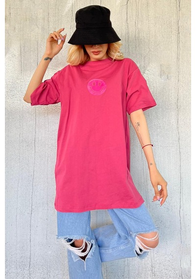 Madmext Pembe Baskılı Oversize Bisiklet Yaka Kadın Tişört-pembe Pembe