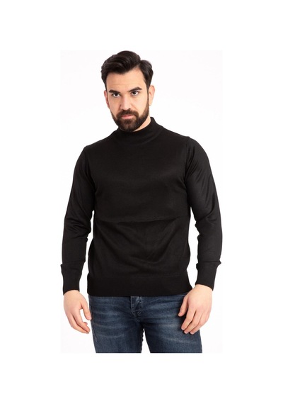 Nacar Store Erkek Siyah Ince Yünlü Yarım Boğazlı Triko Kazak