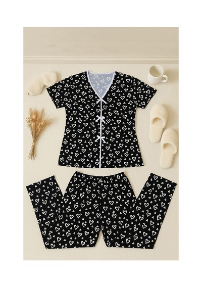 Fantezia Night Kadın Siyah Beyaz Kalp Desenli Fiyonklu Kısa Kollu Pijama Takımı