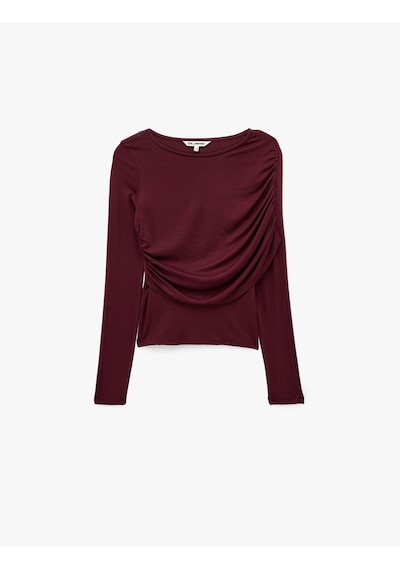 Koton Uzun Kollu Slim Fit Drape Detaylı Tişört Bordo 7wal10312ık
