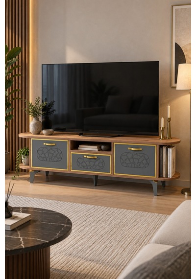 Sulorahome Kahverengi Gold Detaylı 160 Cm Tv Ünitesi Kahverengi - Altın