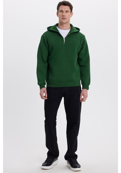 Tudors Unisex Relax Fit Rahat Kesim Pamuklu İçi Polarlı Yarım Fermuarlı Yeşil Kapüşonlu Sweatshirt-37026