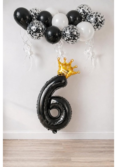 Siyah Folyo Balon, Kral Tacı Ve Konfetili Siyah Balon Set 6 Genel