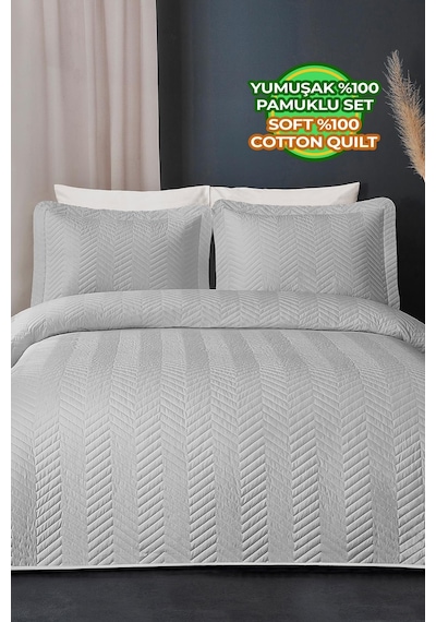 Evlen Home Ross %100 Pamuk Yatak Örtüsü Pike Takımı Çift Kişilik Kapitone Çizgili Günlük Yıkanabilir Gri Gri