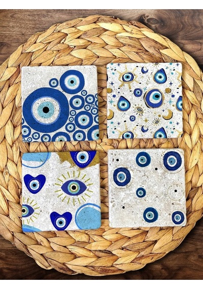 Doğal Taş Bardak Altlığı Nazar Boncuğu Baskılı 4'lü Set - Evil Eye Stone Coasters Çok Renkli