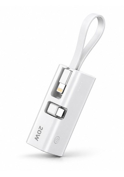 5000mah 20w Pd Hızlı Şarj Powerbank Dahili Lightning Kablolu Type-c Çıkışlı Taşınabilir BEYAZ