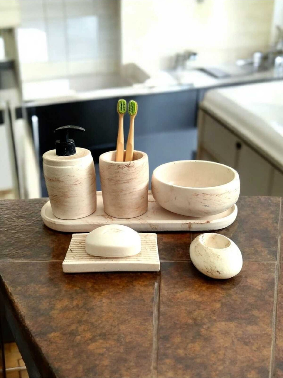 Bej Marble Serisi 6'lı Banyo Seti, Sıvı Sabunluk Diş Fırçalığı Beton Aksesuar Takımı Bej