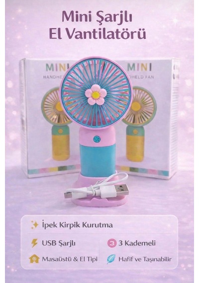 Mini Şarjlı El Fanı Çiçek Desenli El Pervanesi Soğutucu El Fanı