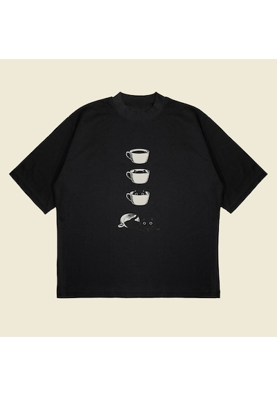 Tarzsokak Coffee Cat Baskılı Oversize Unisex Pamuklu Nefes Alan Kalın Kumaşlı Siyah
