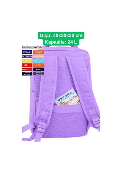 Jet Turtle Seyahat Sırt Çantası 40cm 40x25x15 Cm Pegasus, Wizz Air, Ryanair, El Valizi Koltuk Altı Valizi Lila