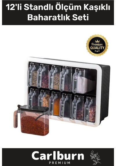 Premium Modern Pratik Bölmeki Şeffaf Mutfak Tezgah 12li Standlı Ölçü Kaşıklı Plastik Baharatlık Seti Çok Renkli