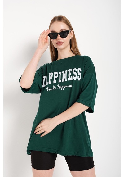Flood Of Style Kadın Haki Happıness Baskılı Oversize Tshirt