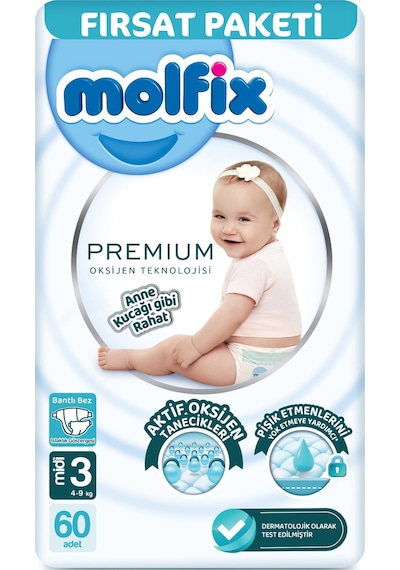 Molfix Premium Bebek Bezi Beden:3 4-9kg Midi 120 Adet Ekonomik 3 Numara 2'li