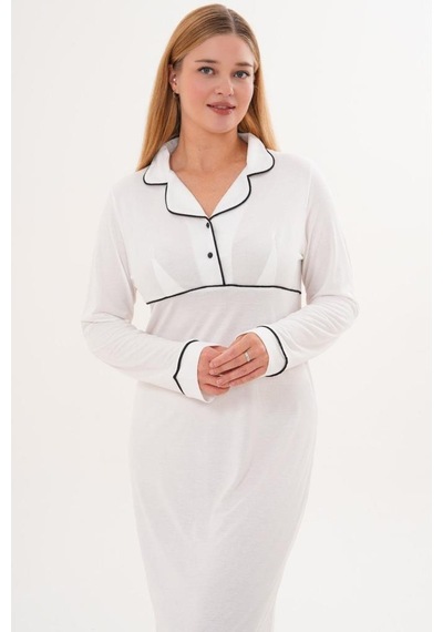 Mecit Pijama Mecit 6308 Ekru Uzun Kollu Kadın Gecelik Ekru
