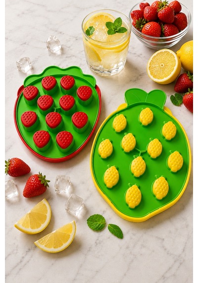 Plastik-silikon Çilek Ve Limon Şekilli 2 Adet Buz Kabı-kapaklı Buzluk - 908378696 Diğer
