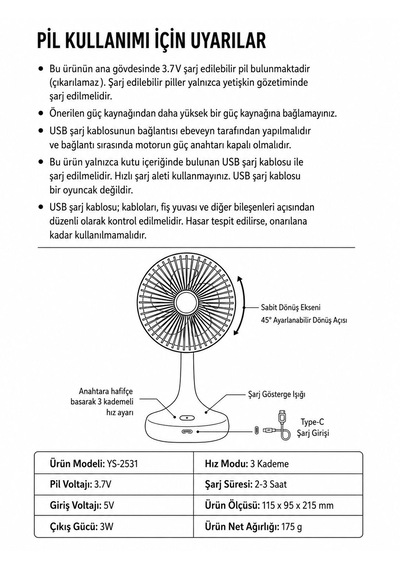 Şarjlı Mini El Fanı Masaüstü Fan 3 Kademeli 5 Kanatlı Oynar Başlıklı Vantilatör Klima Fan 1200mah Usb Şarj