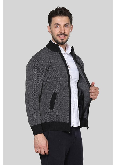 Kzctekstil Erkek Triko Akrilik Kalın Dokulu Klasik Fit Fermuarlı Cepli Kışlık Baba Hırka Siyah