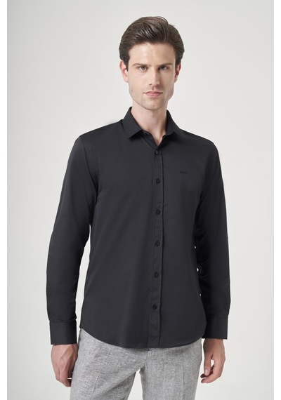 İmza Siyah Sert Yaka Uzun Kol Cepsiz Slim Fit Pamuklu Gömlek 1004260213