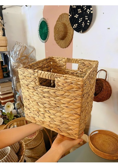 Su Sümbülü Hasır Bambu Rattan Katlanır Sepet Organizer & Çok Amaçlı Kare Düzenleyici 30x30x30