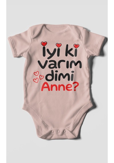 Morivokids İyi Ki Varım Dimi Anne Kısa Kollu Bebek Body %100 Pamuk Pastel Pembe