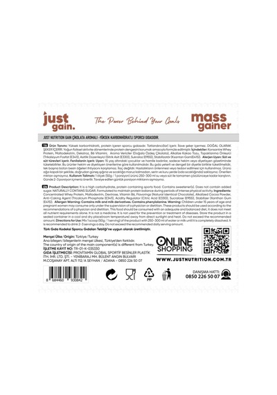 Just Nutrition Mass Gainer Karbonhidrat Tozu 2500 Gr 50 Servis Çikolata + Shaker + Protein Kahve çikolata