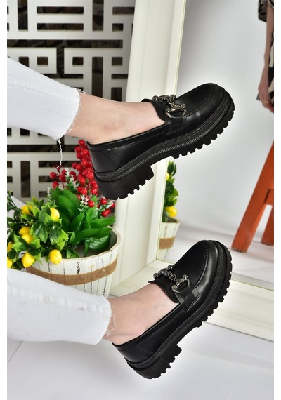 Fox Shoes P6520343009 Siyah Kalın Tabanlı Kadın Günlük Ayakkabı Siyah-suni Deri Siyah