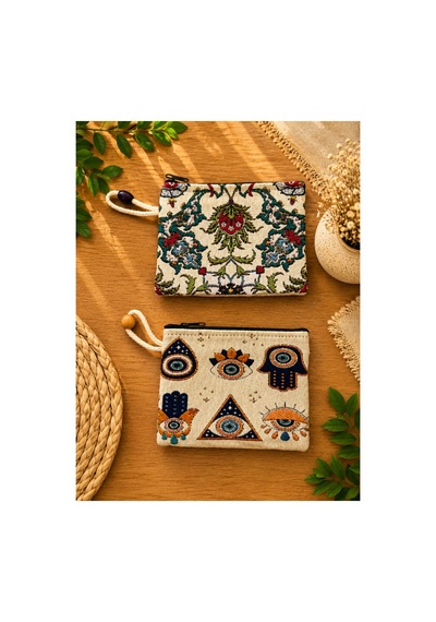 Badufa Home Goblen Dokuma Bez Cüzdan 2 Adet Bej Bej
