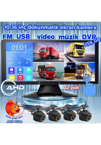 Balık Gözü 4 Adet Ahd 720p 170'' Kamera Ve Dokunmatik 10.36'' Video Müzik Dvr Ekran 12 V 256 Gb