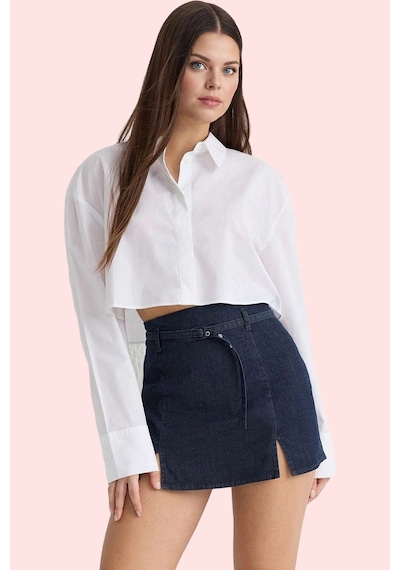 Ersefa Kadın Yüksek Bel Kemerli Denim Şort Etek Boru Paça Düz Desen Günl Lacivert