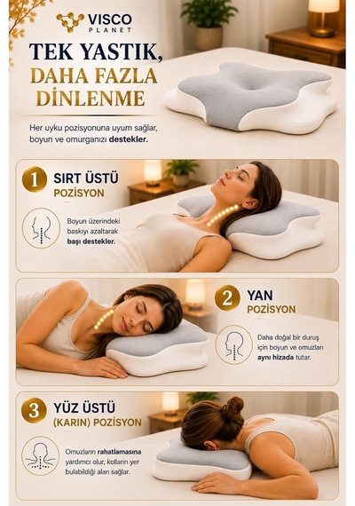 Visco Planet Ortopedik Visco Boyun Yastığı Memory Foam Boyun Destekli Ergonomik Uyku Yastığı 62x42x13/10 Cm Genel
