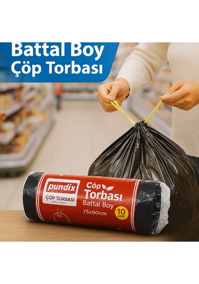Pundix Pundıx Battal Boy Çöp Torbası 75x90 Cm 10 Lu Rulo Opp Ambalajlı Toplam 3 Kg Dayanıklı, Sızdırmaz Ve Geniş Hacimli Çöp Poşeti