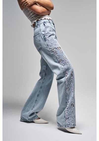Itsbasic Kadın Snow Kot Rengi 3s5-3 Dantel Nakışlı Loose Fit Orta Bel İç Boy 83 Cm Tasarım Denim Jean