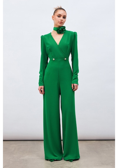 Sateen Kruvaze Süs Taşlı Krep Tulum - Yeşil