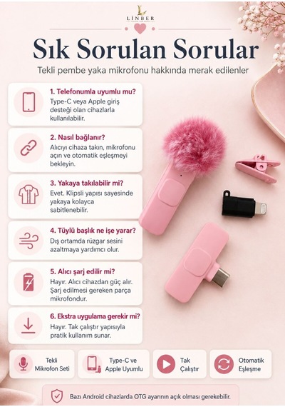 Pembe Kablosuz Yaka Mikrofonu Tekli Tak Çalıştır, İos Uyumlu, 6-8 Saat Kullanım 1 Adet Pembe Pembe